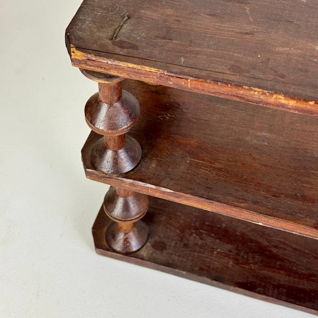 Vintage French Salvaged Bobbin Reels 3 Tier Wood Shelving Unit, Table/Counter Top Etageres For Sale - Image 12 of 18