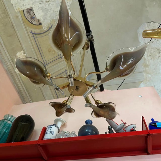 1970s Mid-Century Modern Brown Murano Glass and Brass Chandelier by Franco Luce For Sale - Image 11 of 11