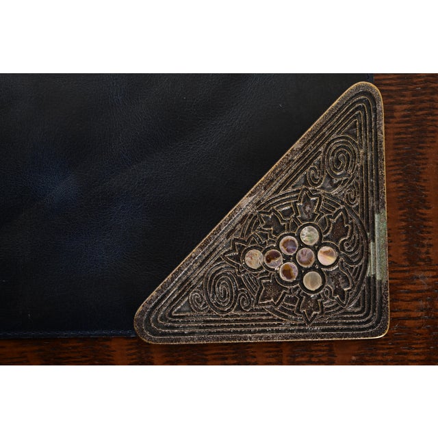 Silver Tiffany Studios New York Silvered Bronze and Abalone Blotter Corners With Leather Desk Blotter For Sale - Image 8 of 13