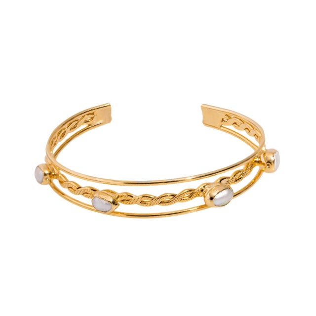 Brass Trio Bubble Pearl Gold Cuff Statement Bracelet For Sale - Image 8 of 8