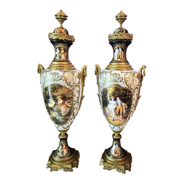 French Style Porcelain Vase With Romantic Couple Artwork, Gold Leaf & Bronze Accents For Sale