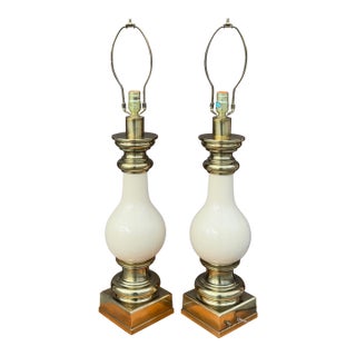Vintage Stiffel Beige Porcelain and Brass Table Lamps - A Pair For Sale