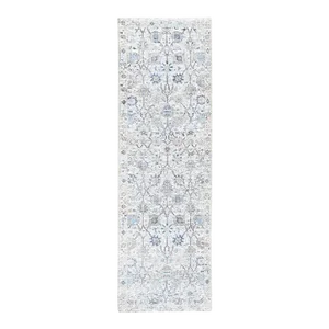 Hand Knotted Ivory Silk With Textured Wool Tabriz Vase and Pomegranate Design Oriental Runner Rug