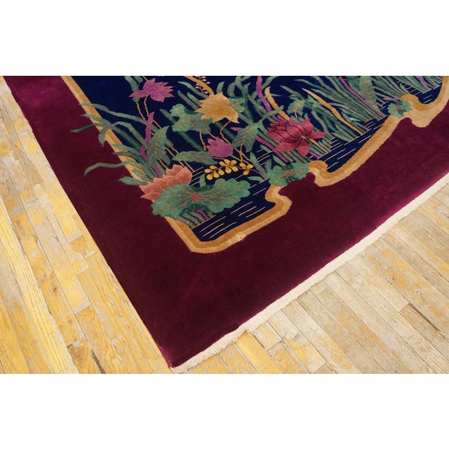 1920s 1920s Blue Navy Medallion Antique Chinese Art Deco Carpet 8' 9" X 11' 5" Knotted Wool Rug For Sale - Image 5 of 10