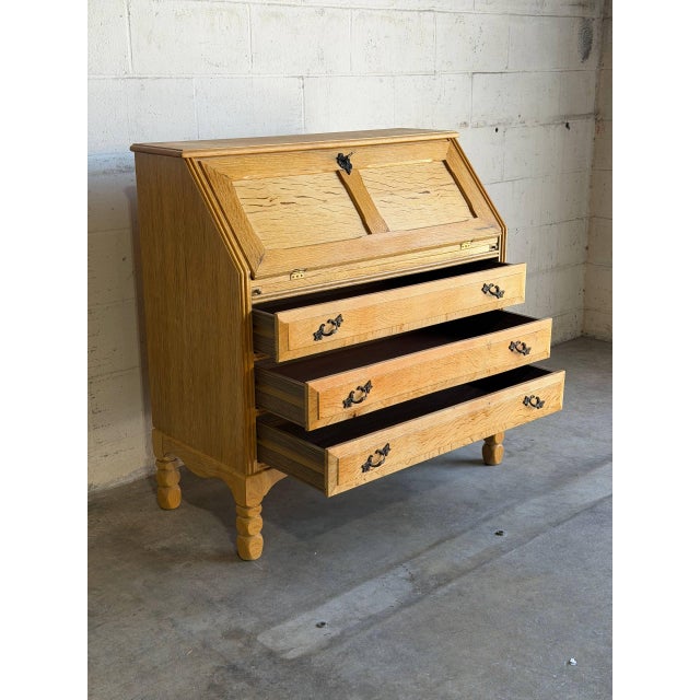Oak Secretary Bureau With Drop-Front Desk and 9 Drawers Denmark Mid-Century Modern 1970s For Sale - Image 4 of 11