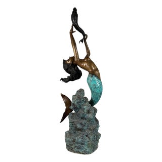 Large Bronze Mermaid and Fish Fountain Sculpture - 62"h For Sale