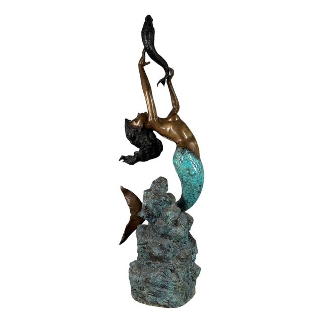 Large Bronze Mermaid and Fish Fountain Sculpture - 62"h For Sale