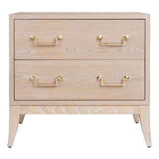 Matthew Izzo Home Kenna Light Cerused Oak Two Drawer Sabre Leg Side Table With Brass Swing Handles For Sale