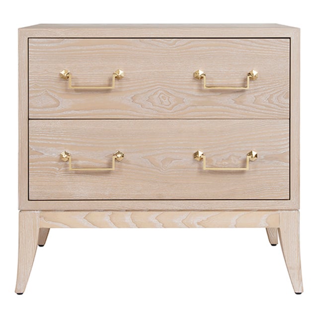 Matthew Izzo Home Kenna Light Cerused Oak Two Drawer Sabre Leg Side Table With Brass Swing Handles For Sale