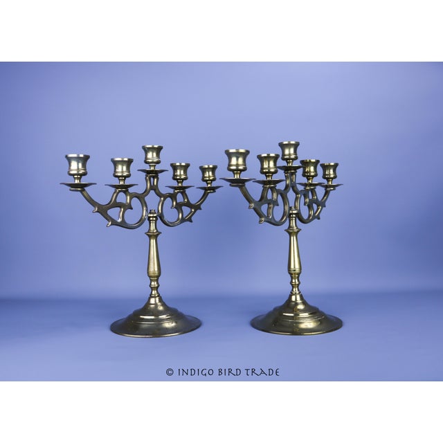 13" Large Vintage Brass Candelabras 5 Arms - Set of 2 For Sale - Image 4 of 6