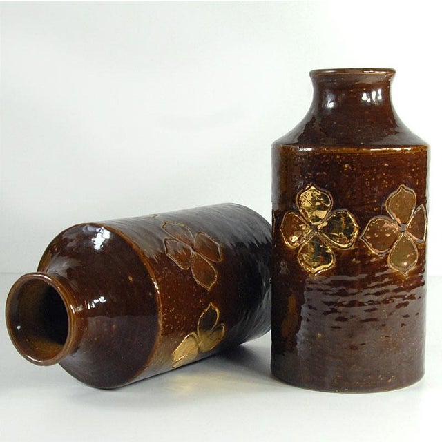Bitossi Brown and Gilt Ceramic Vases attributed to Aldo Londi for Bitossi, Italy, 1960s, Set of 2 For Sale - Image 4 of 11