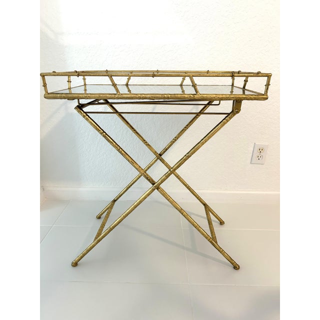 Chinoiserie Gold Metal Faux Bamboo Mirrored Bar Table For Sale - Image 3 of 6