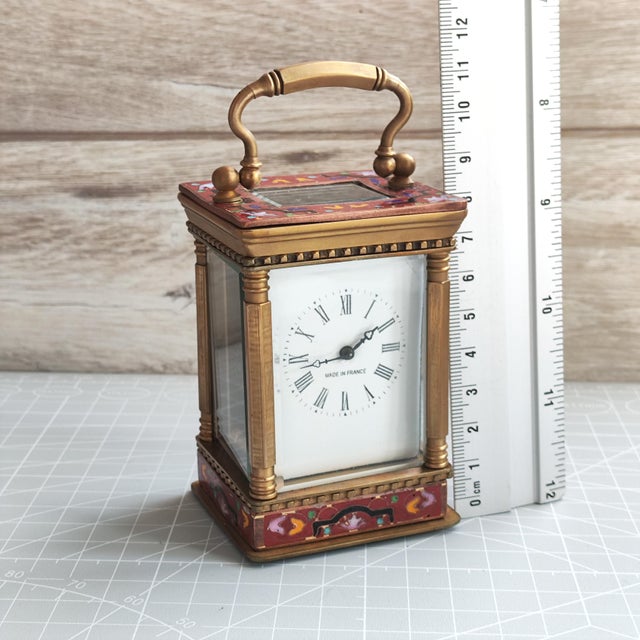 Brass Miniature French Carriage Clock With Champleve (Cloisonné Enamel) Enamel Antique Brass Clock Made in France For Sale - Image 8 of 10