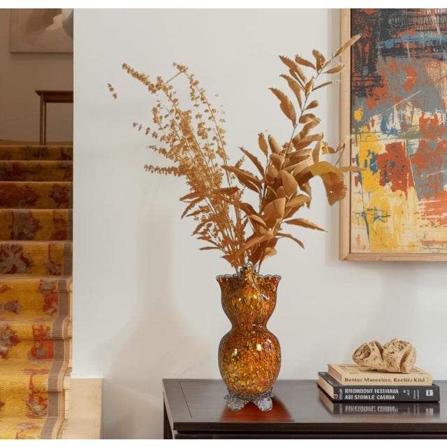 Antique Franz Welz Style Art Glass Orange Confetti Vase With Crimped Lip For Sale In New York - Image 6 of 18