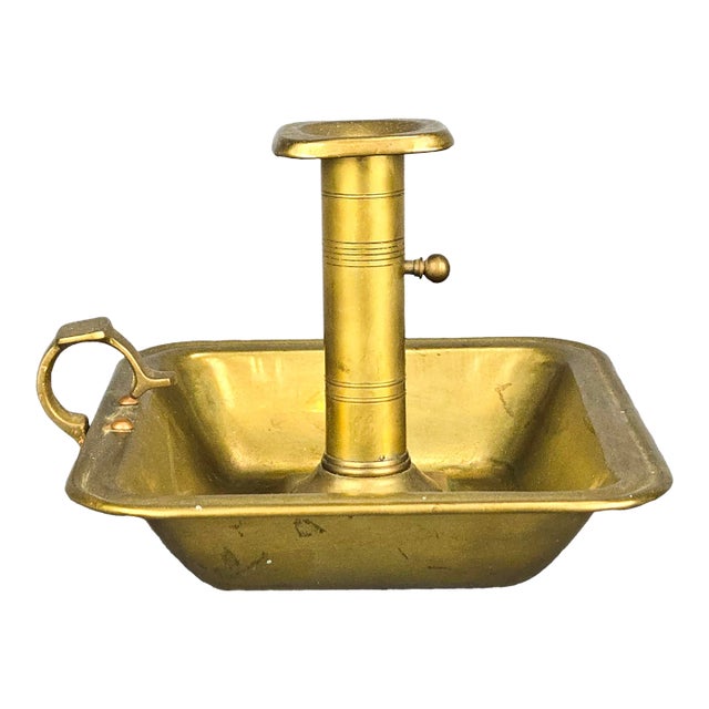 Antique Brass Push Up Chamberstick Candle Holder With Deep Drip Tray and Handle For Sale