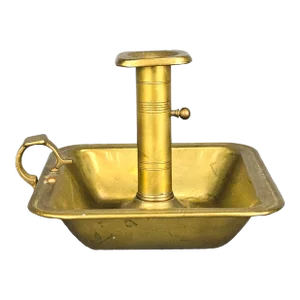 Antique Brass Push Up Chamberstick Candle Holder With Deep Drip Tray and Handle