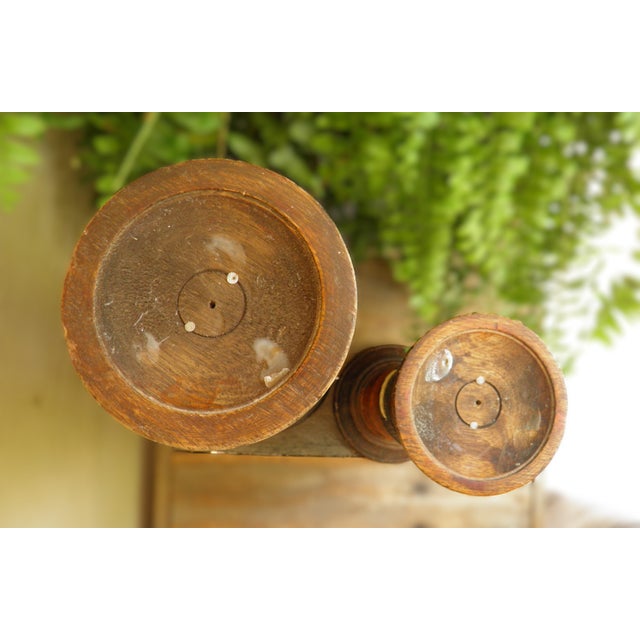 VTG Wooden Pillar Candle Holders Dark Brown Turned Wood Spindle Set of 2 For Sale In Wichita - Image 6 of 7
