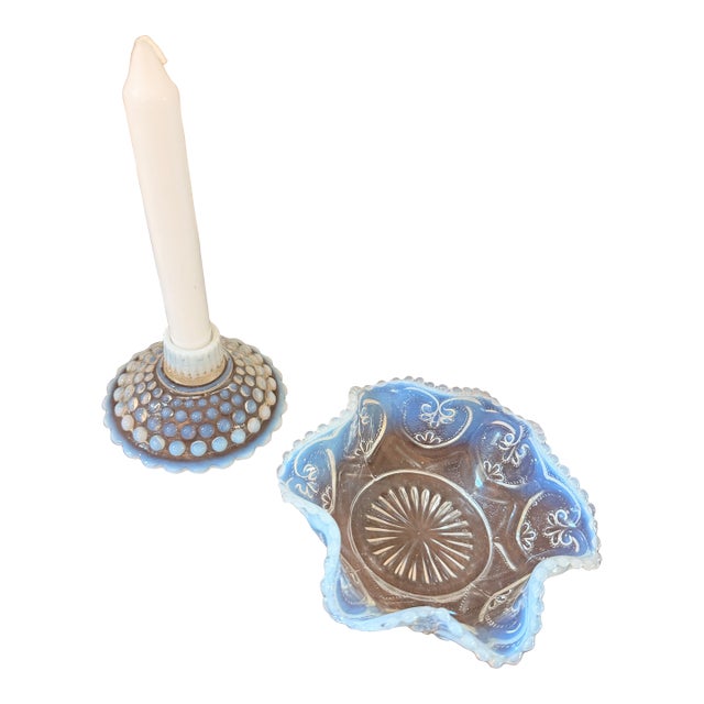 Vintage Blue Opalescent Glass Candlestick & Decorative Bowl 2 Piece Set For Sale
