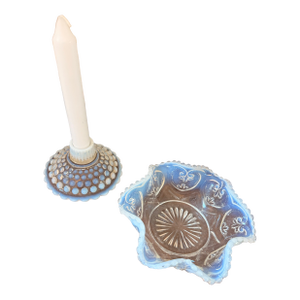 Vintage Blue Opalescent Glass Candlestick & Decorative Bowl 2 Piece Set