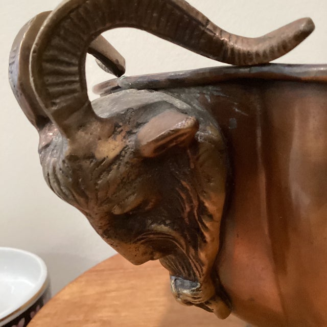 Vintage Scalloped Brass Jardinière Centerpiece Figural Ram Goat Head Handles For Sale - Image 11 of 12