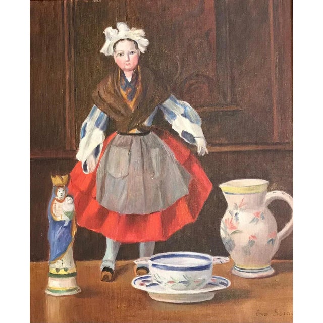 Brown Emma Sordet, Table Doll in Folk Dress, Oil on Cardboard For Sale - Image 8 of 8