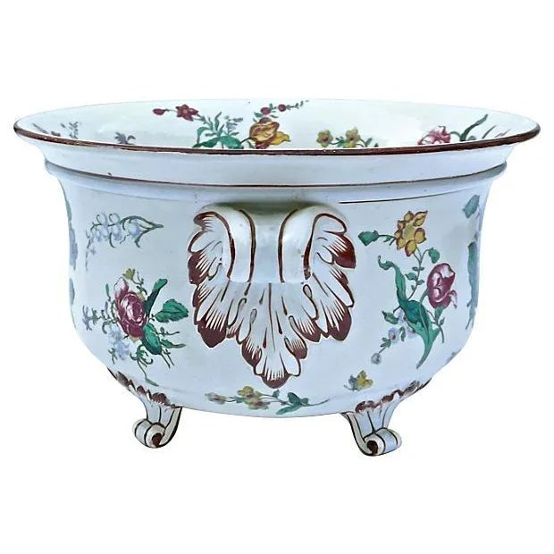 Vintage; 1910-1950, French, Gien, floral, footed bowl with acanthus leaf style handles and feet. Floral designs on...