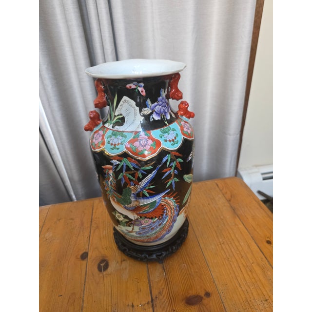 Vintage Chinese Famille Noire Porcelain Baluster Vase on Stand For Sale In New York - Image 6 of 8