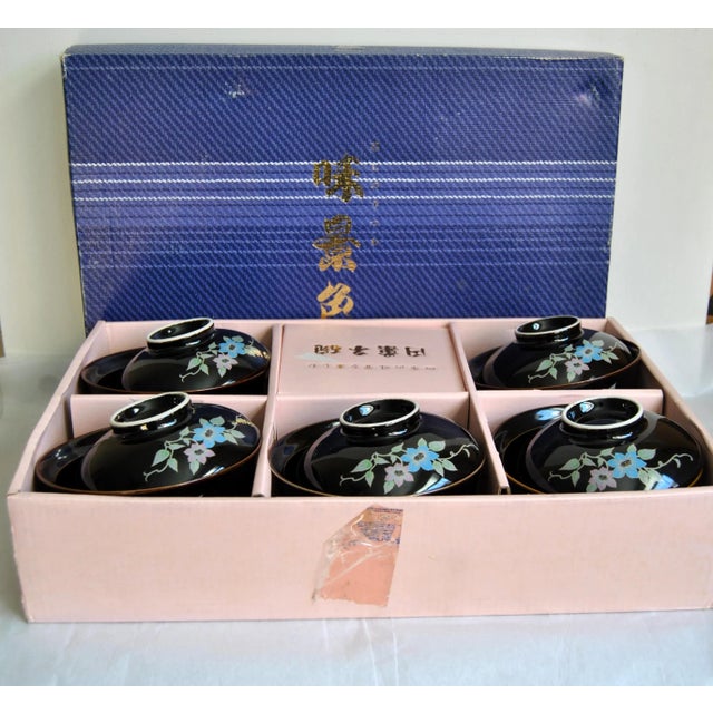 Japanese Authentic Cha-Kaiseki Lidded Japanese Soup or Rice Bowls- Set of 5 For Sale - Image 3 of 12