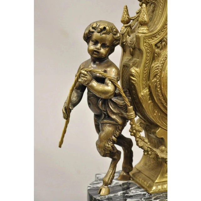 Vintage French Louis XV Style Brevettato Italy Brass & Marble Figural Clock Set For Sale - Image 15 of 16