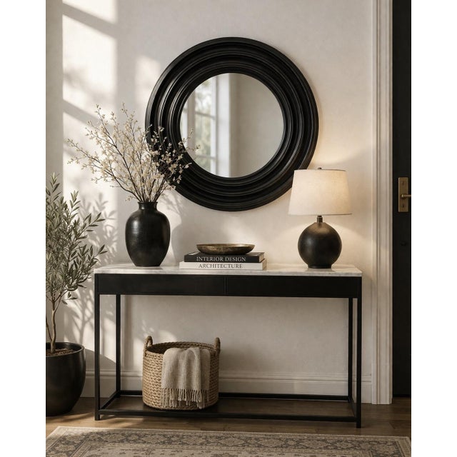 Vintage Sculptural Black Round Mirror With Deep Concentric Frame, 29” Diameter For Sale - Image 4 of 5