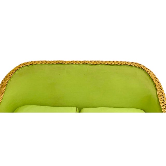 Traditional Green Upholstered Rattan Loveseat For Sale - Image 3 of 6