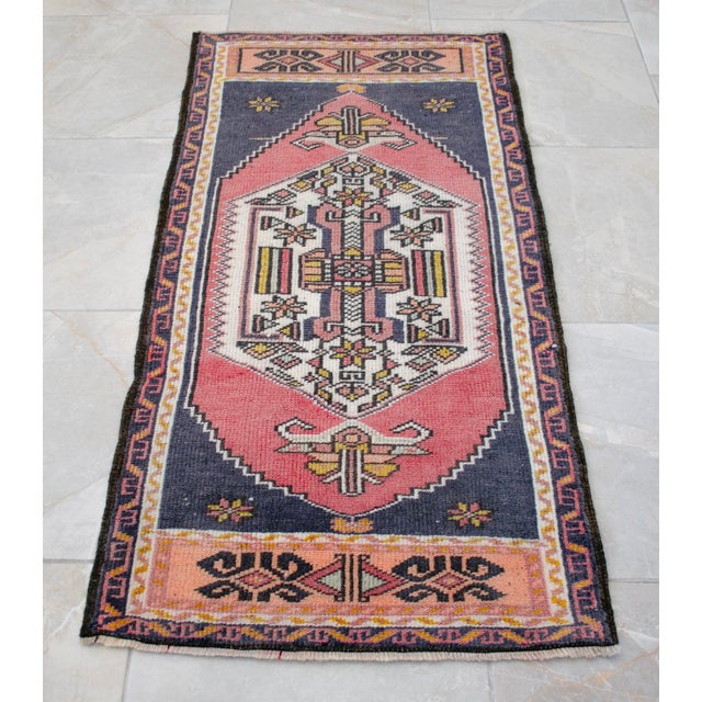 Vintage Turkish Rug 2x4 Pink Navy Hand Knotted Small Area Mat Accent Rug Doormat For Sale - Image 6 of 12