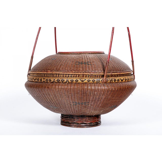 Wood Antique Chinese Lidded Woven Rattan Basket For Sale - Image 7 of 10