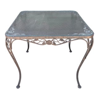 Vintage Woodard Chantilly Rose Wrought Iron Square Glass Top Patio Dining Table For Sale