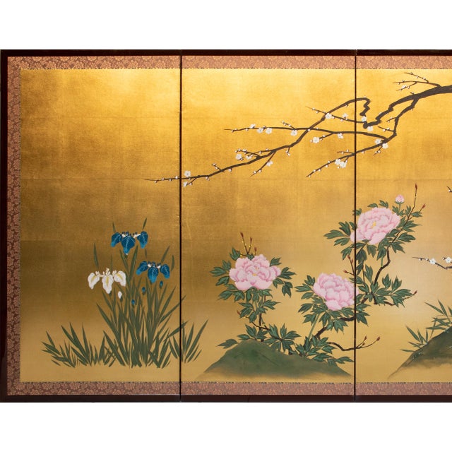1970s "Plum Blossom, Peonies and Irises" by Kokei, Showa Era Japanese Byobu Screen For Sale - Image 5 of 18