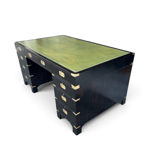 Antique British Campaign Style Executive Desk With Green Leather Writing Top For Sale - Image 4 of 15