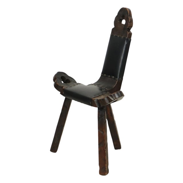 Wood Mid-Century Brutalist Tripod Chair in Pine and Faux Leather, Spain For Sale - Image 7 of 15