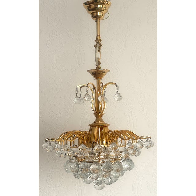 Brass and Crystal Ball 4-Light Chandelier, 1980s For Sale - Image 10 of 15