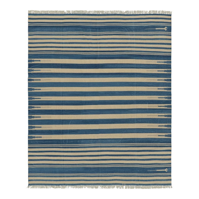 Rug & Kilim's Contemporary Dhurrie Rug in Blue and Beige Stripes - 5x7 For Sale