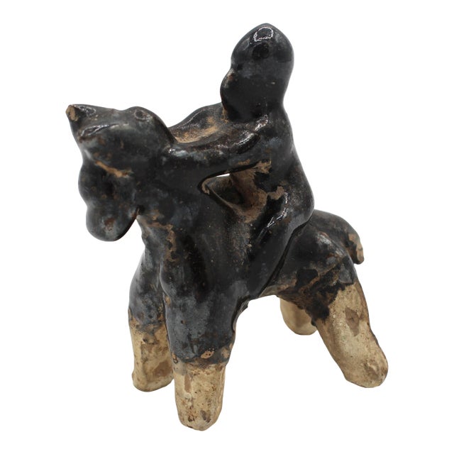 619-907 Ce Miniature Tang Dynasty Stoneware Figure of a Horse & Rider For Sale