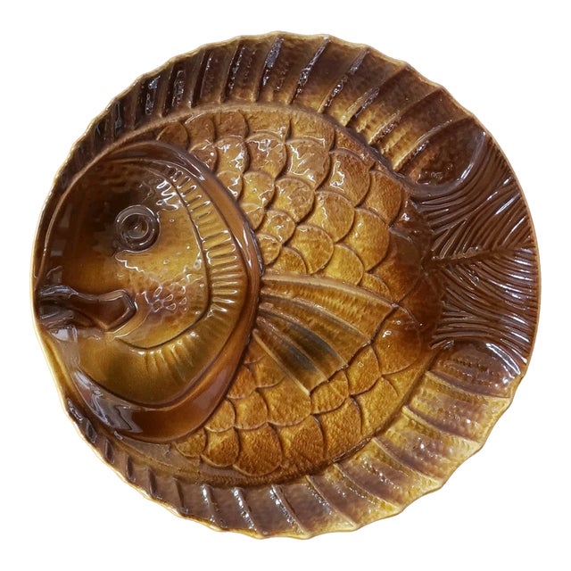 Vintage Sarrequemines Ceramic Plate, French Atelier D'Art, Fish Motif #4 For Sale