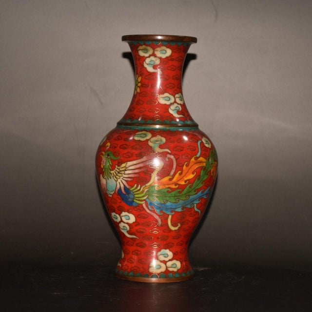 Metal Pair of Vintage Chinese Cloisonné "Dragon & Phoenix" Vases - 1083g For Sale - Image 7 of 9