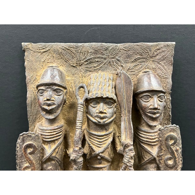 Brown Vintage African Tribal Art Benin Bronze Wall Plaque Sculpture For Sale - Image 8 of 10