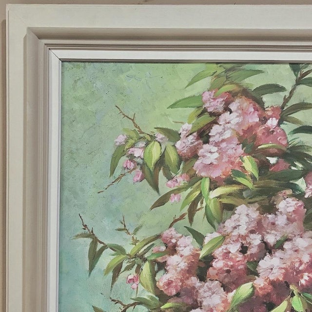 Wood Antique Hand-Painted Still Life Oil on Canvas, Cherry Blossoms by E. Devos in Original Frame For Sale - Image 7 of 14