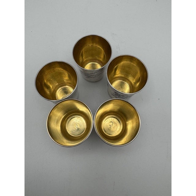 Modern 1950s Rare 5 Soviet Armenian 875 Silver Vodka Cups 875 Star Russian Hallmark 875 Silver Purity Yerevan Opera 1955 Gilt For Sale - Image 3 of 8
