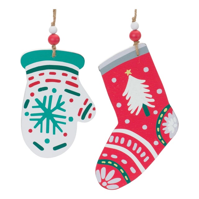 Wood Mitten and Stocking Ornaments (Set of 12) For Sale