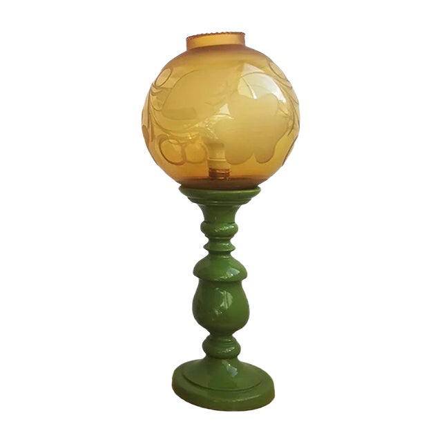 Large Mid-Century Italian Yellow & Green Wood and Glass Table Lamp For Sale
