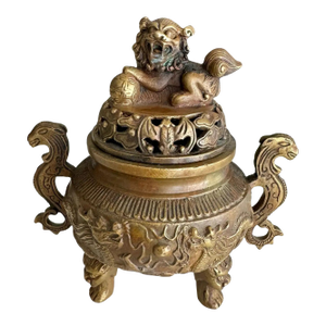 Antique Chinese Ming-Style Brass Foo Dog Incense Burner Sculpture