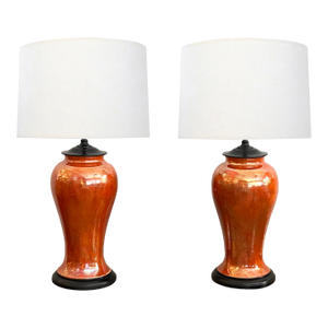 Pair of English Ruskin Pottery Iridescent Orange-Glazed Vases Now as Lamps