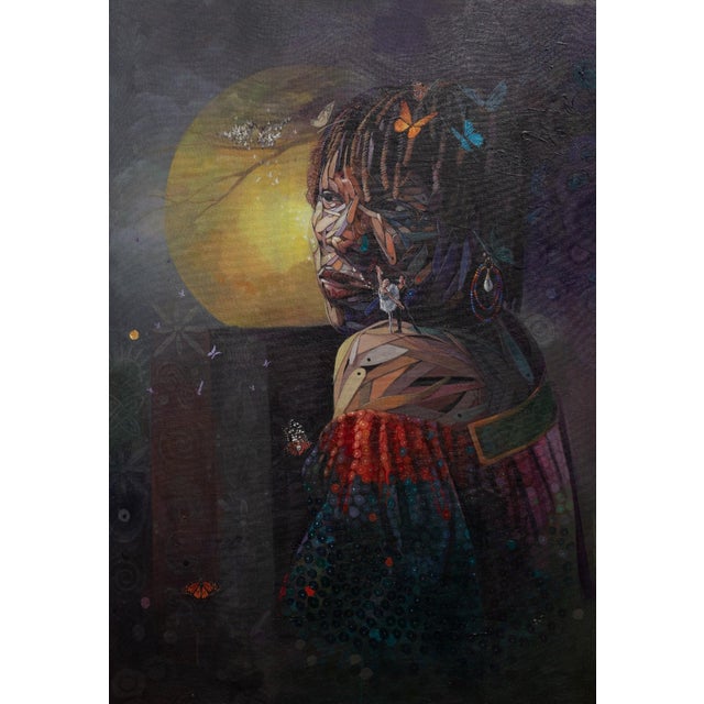 This artwork presents a striking figure set against a luminous background, where a large moon casts a soft glow. The...